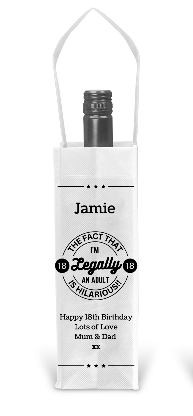 Personalised Bottle Gift Bag - Legally An Adult 18th Birthday Design