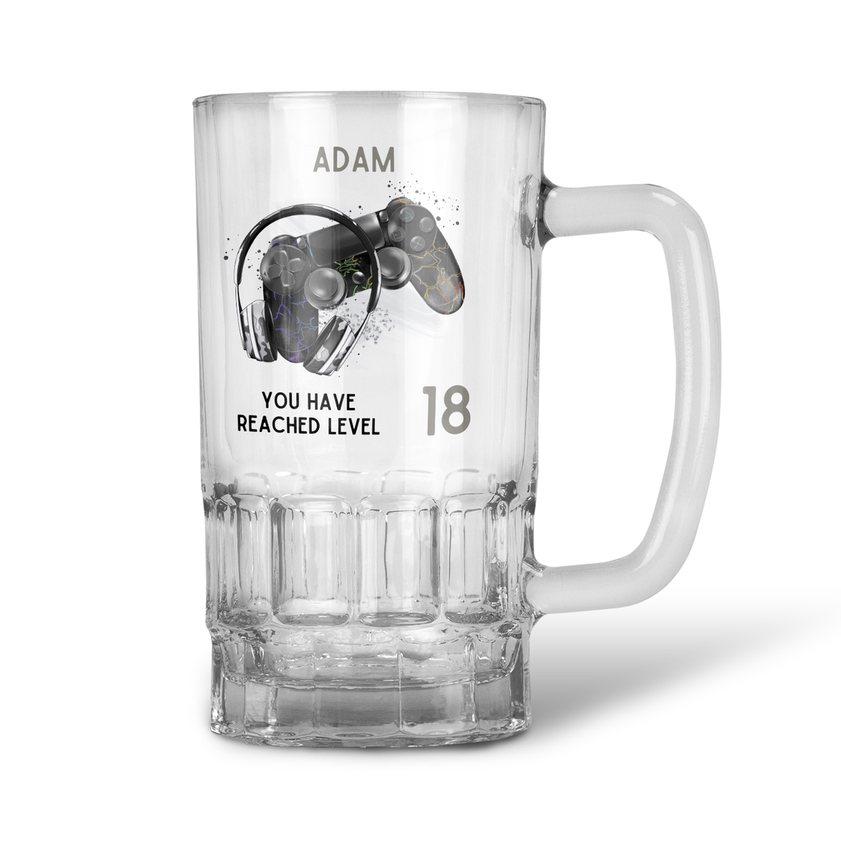 Personalised 20oz Pint Clear Glass Beer Tankard Mug - Level 18 Gamer Design
