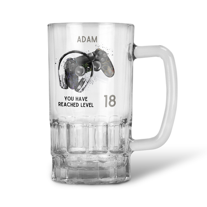 Personalised 20oz Pint Clear Glass Beer Tankard Mug - Level 18 Gamer Design