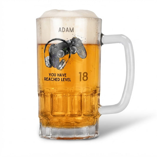 Personalised 20oz Pint Clear Glass Beer Tankard Mug - Level 18 Gamer Design