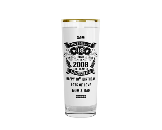 Personalised 18th Birthday Shot Glass (Gold Rimmed) - Life Begins At 18