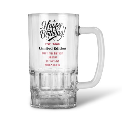 Personalised 20oz Pint Clear Glass Beer Tankard Mug - Limited Edition Birthday Design