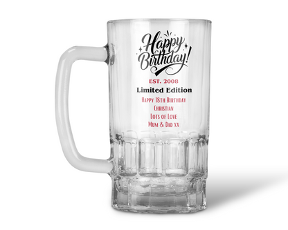 Personalised 20oz Pint Clear Glass Beer Tankard Mug - Limited Edition Birthday Design