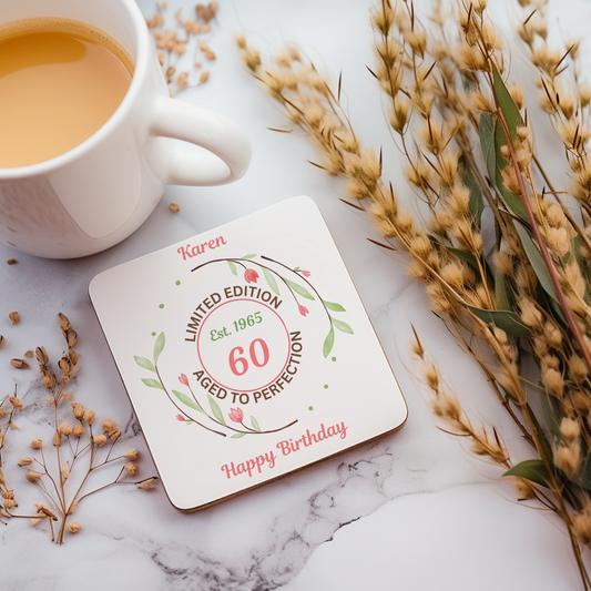 Personalised Drinks Coaster - Limited Edition Birthday Floral Design