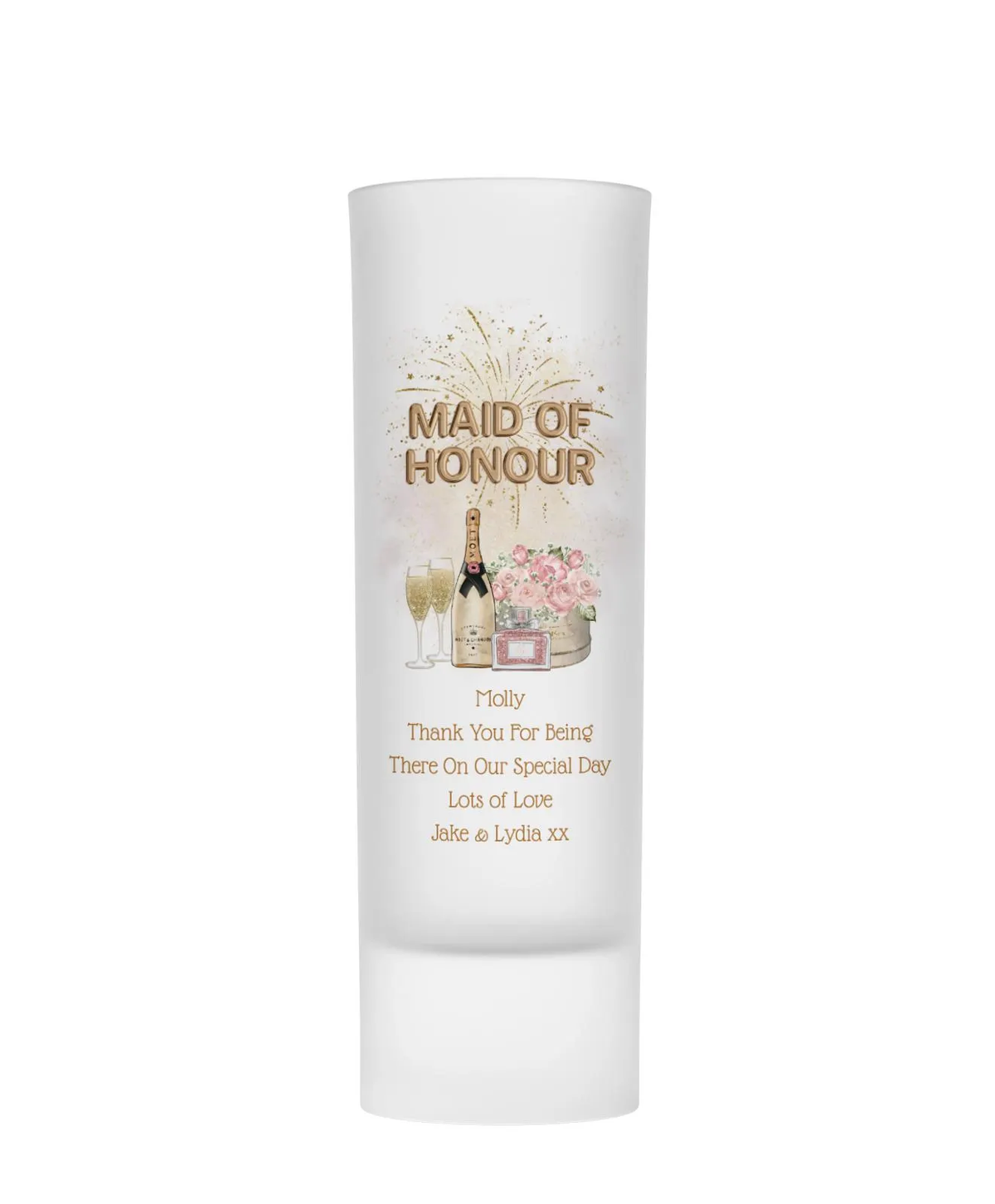 Personalised Shot Glass - Maid of Honour Champagne Design