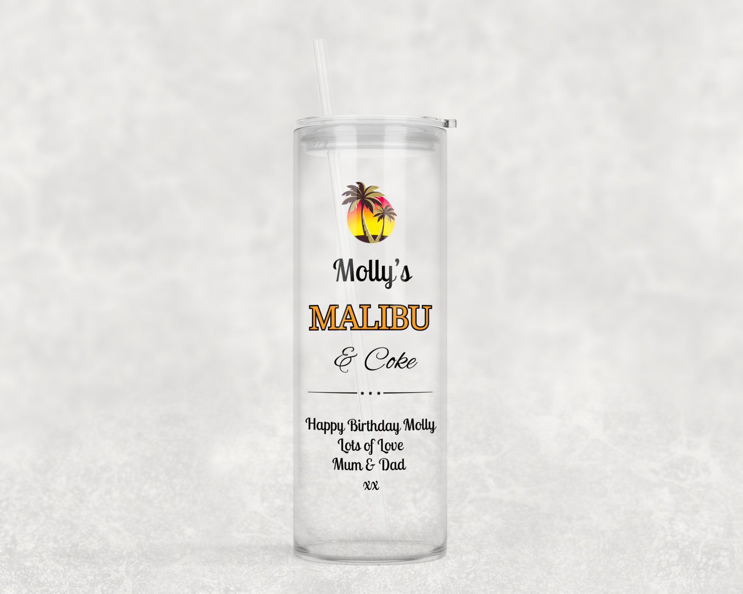 Personalised Tall Glass Tumbler - Malibu & Coke Design