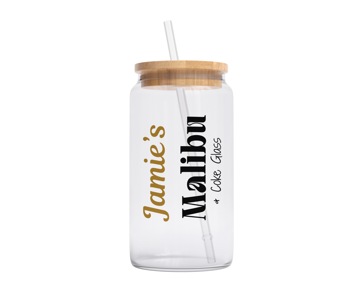 Personalised Clear Glass Tumbler with Lid & Straw - Malibu Design