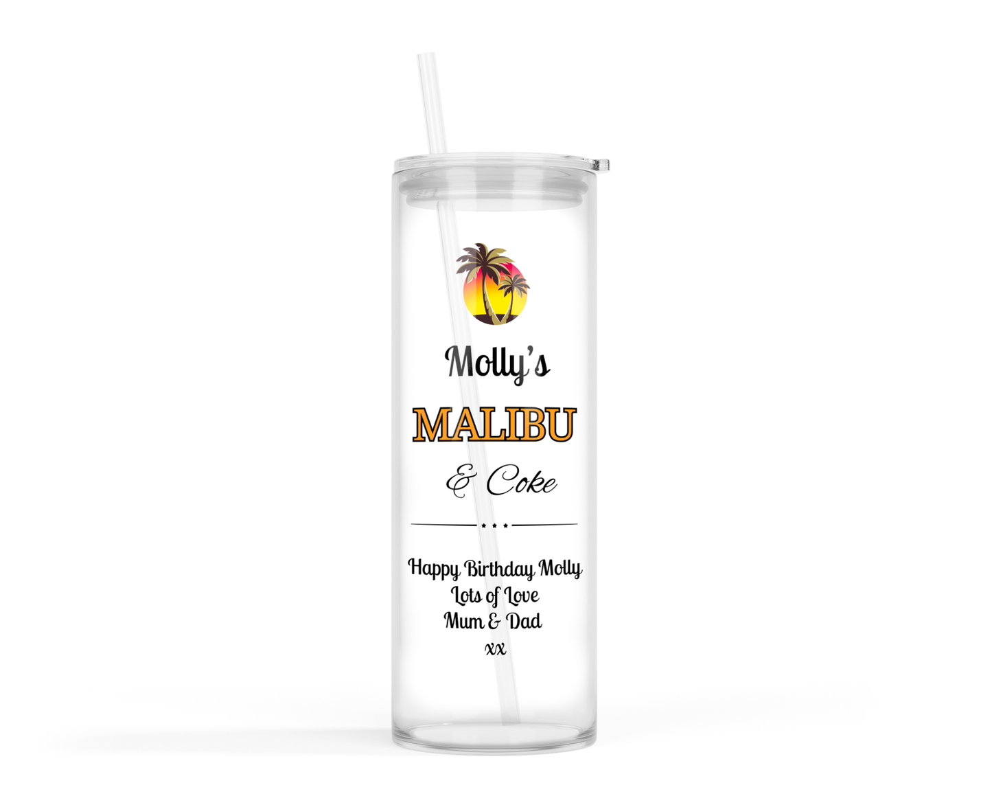 Personalised Tall Glass Tumbler - Malibu & Coke Design