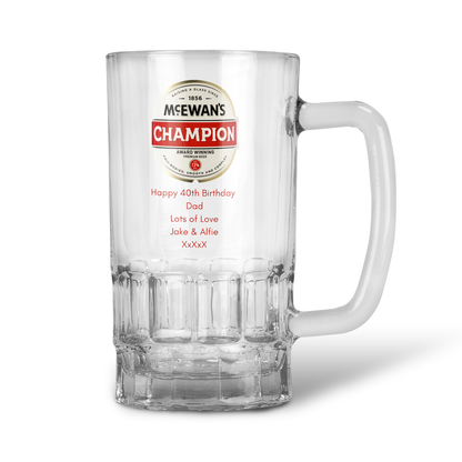 Personalised 20oz Pint Clear Glass Beer Tankard Mug  - McEwan's Champion Premium Beer Design