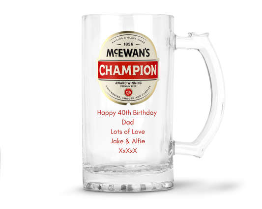 Personalised Glass Beer Tankard Mug - McEwan's Champion Premium Beer Design