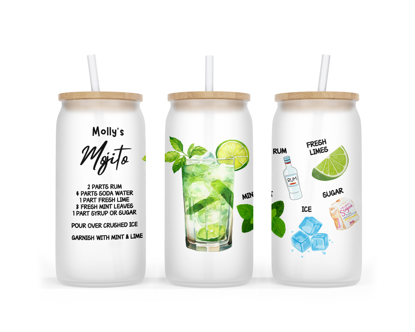 Personalised Frosted Glass Tumbler - Mojito Cocktail Design