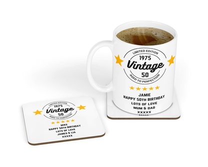 Personalised Vintage Birthday Design Mug & Coaster Hamper Gift Box