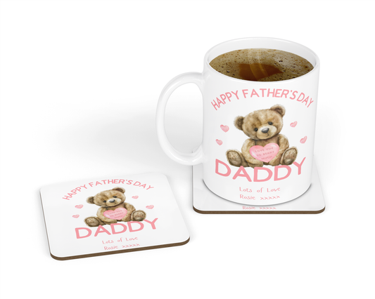 Personalised Mug & Coaster - Father's Day Daddy Teddy Pink