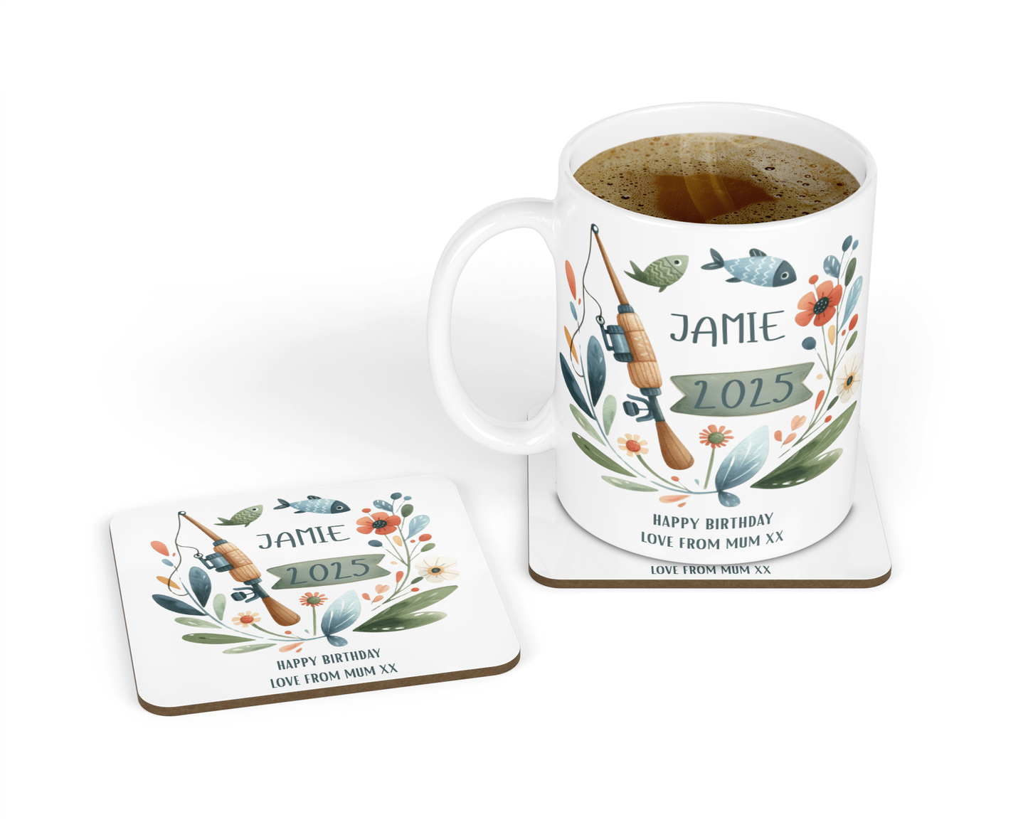 Personalised Mug & Coaster - Fishing Rod