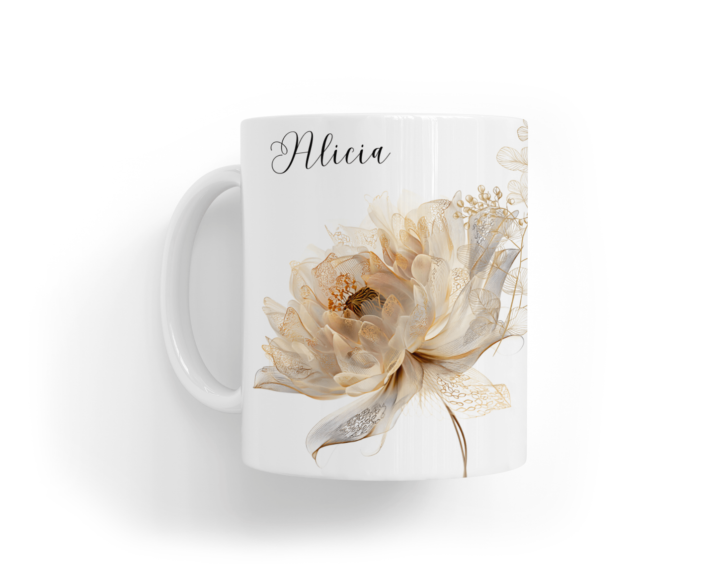 Personalised Mug - Gold Flowers Design