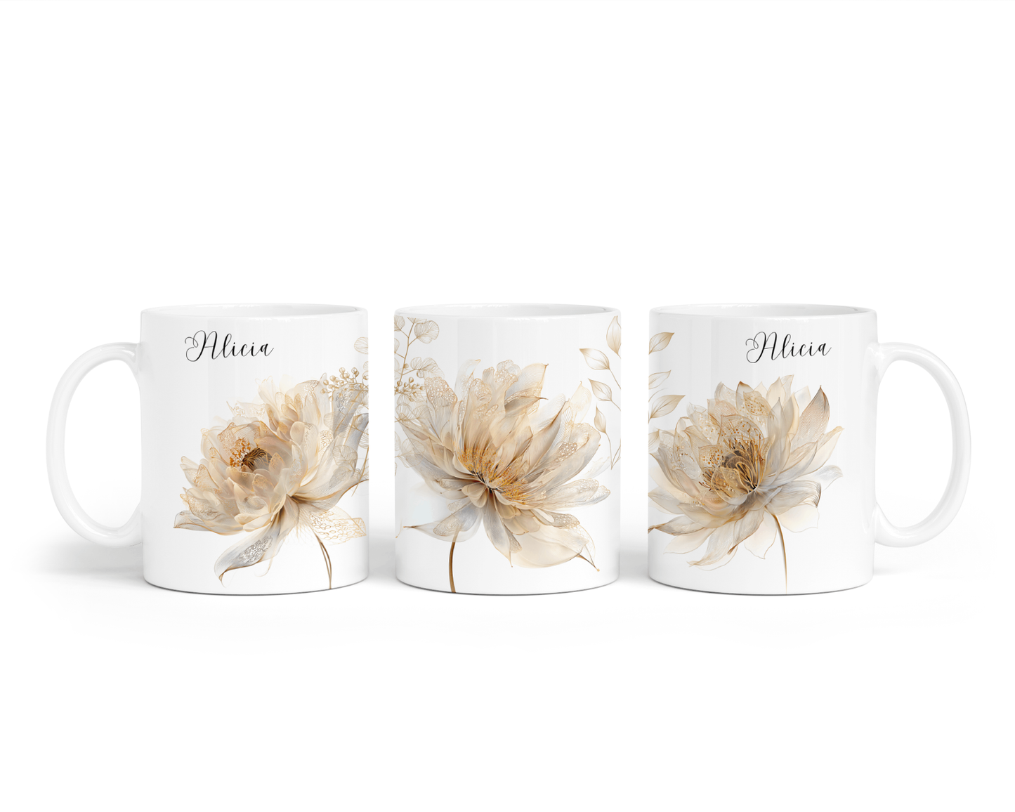 Personalised Mug - Gold Flowers Design