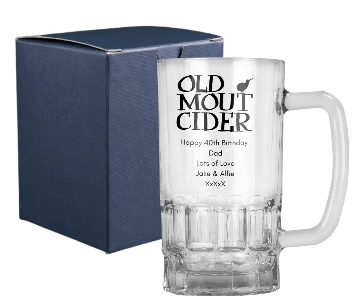 Personalised 20oz Pint Clear Glass Cider Tankard Mug - Old Mout Cider Design