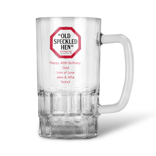 Personalised 20oz Pint Clear Glass Beer Tankard Mug - Old Speckled Hen Pale Ale Design