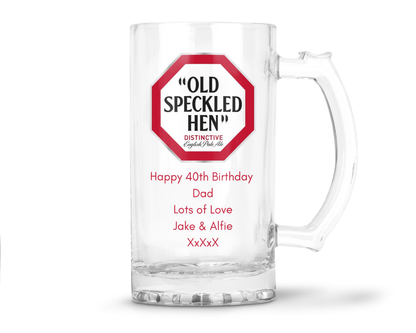 Personalised Glass Beer Tankard Mug - Old Speckled Hen Pale Ale Design