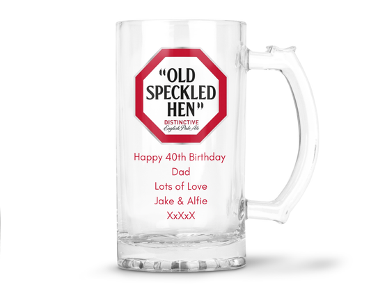 Personalised Glass Beer Tankard Mug - Old Speckled Hen Pale Ale Design