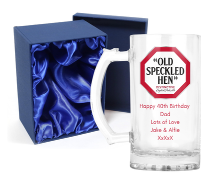 Personalised Glass Beer Tankard Mug - Old Speckled Hen Pale Ale Design