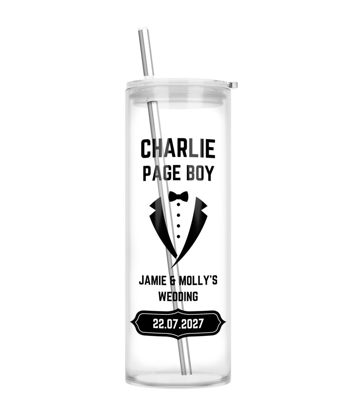 Personalised Tall Glass Tumbler - Page Boy Wedding Design