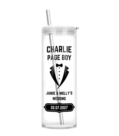 Personalised Tall Glass Tumbler - Page Boy Wedding Design