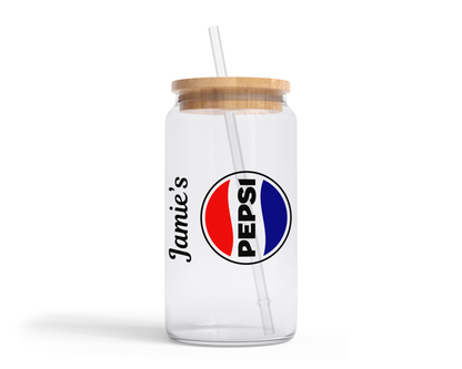 Personalised Clear Glass Tumbler with Lid & Straw - Pepsi Design