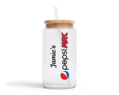 Personalised Clear Glass Tumbler with Lid & Straw - Pepsi Max Design