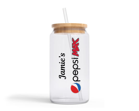 Personalised Clear Glass Tumbler with Lid & Straw - Pepsi Max Design