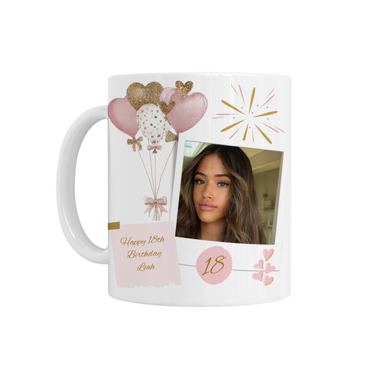 Personalised 18th Birthday Mug - Pink & Gold Balloons Photo