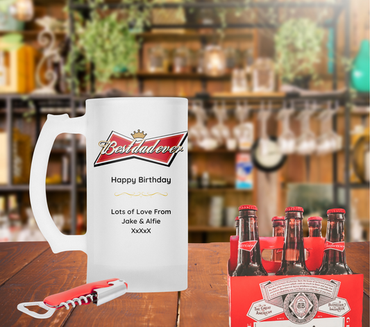Personalised Frosted Glass Tankard - Best Dad Ever Budweiser