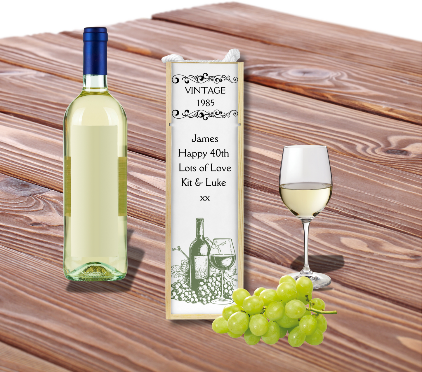 Personalised Wooden Bottle Gift Box - Vintage White Wine Design