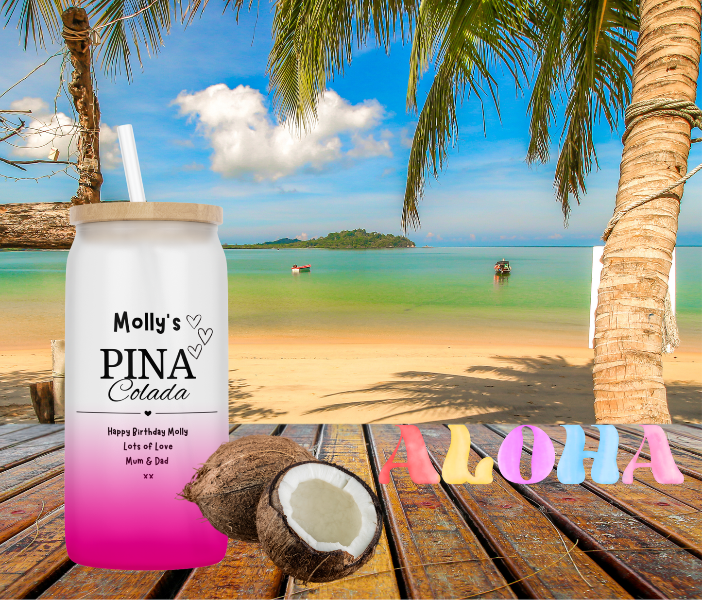 Personalised Ombre Coloured Glass Tumbler - Pina Colada Design