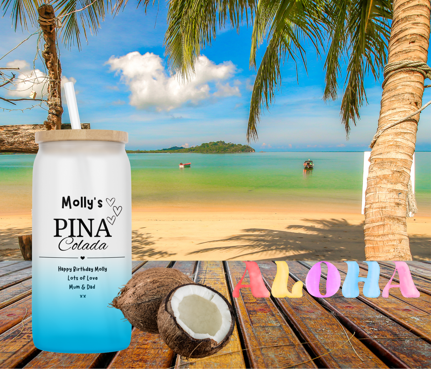 Personalised Ombre Coloured Glass Tumbler - Pina Colada Design