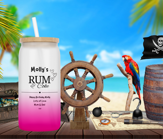 Personalised Pink Ombre Coloured Glass Tumbler - Rum Design