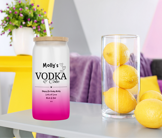 Personalised Pink Ombre Coloured Glass Tumbler - Vodka Design