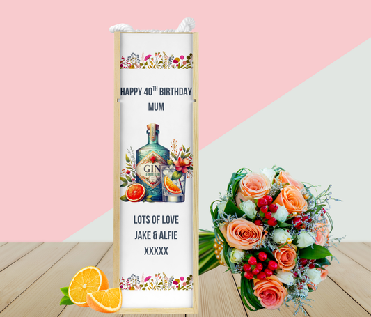 Personalised Wooden Bottle Gift Box - Gin Flowers Design