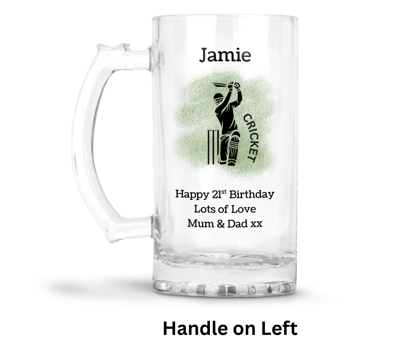 Personalised Clear Glass Tankard - Cricket Design