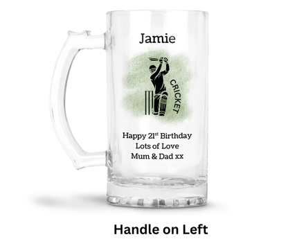 Personalised Clear Glass Tankard - Cricket Design