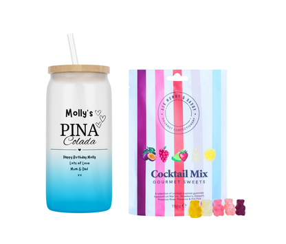 Personalised Pina Colada Design Ombre Coloured Glass Tumbler & Cocktail Gummies