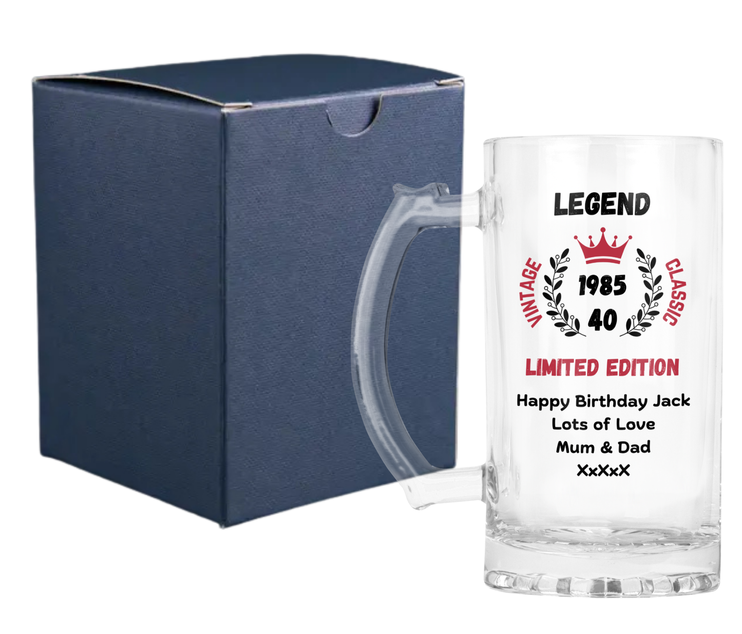 Personalised Clear Glass Beer Tankard Mug - Legend Limited Edition Birthday Design