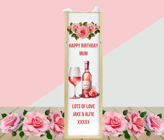 Personalised Wooden Bottle Gift Box - Rose Wine Design