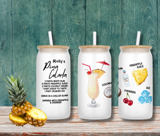 Personalised Frosted Glass Tumbler - Pina Colada Cocktail Design