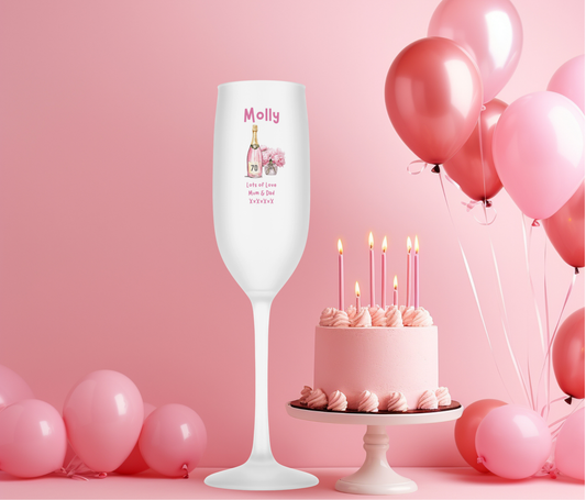 Personalised Flute Glass - 70th Birthday Pink Balloons Design