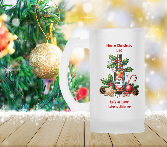 Personalised Frosted Glass Tankard - Christmas Holly Beer