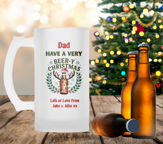 Personalised Frosted Glass Tankard - Beer-Y Christmas