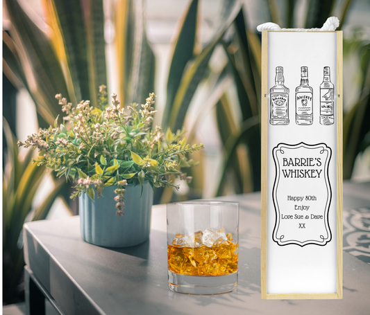 Personalised Wooden Bottle Gift Box - Black & White Whiskey Design