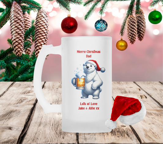 Personalised Frosted Glass Tankard - Christmas Polar Bear Beer