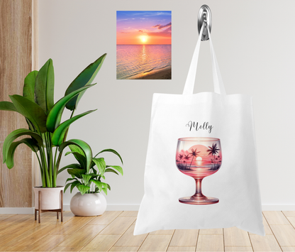 Personalised Tote Shopping Bag - Sunset Wine Glass Design